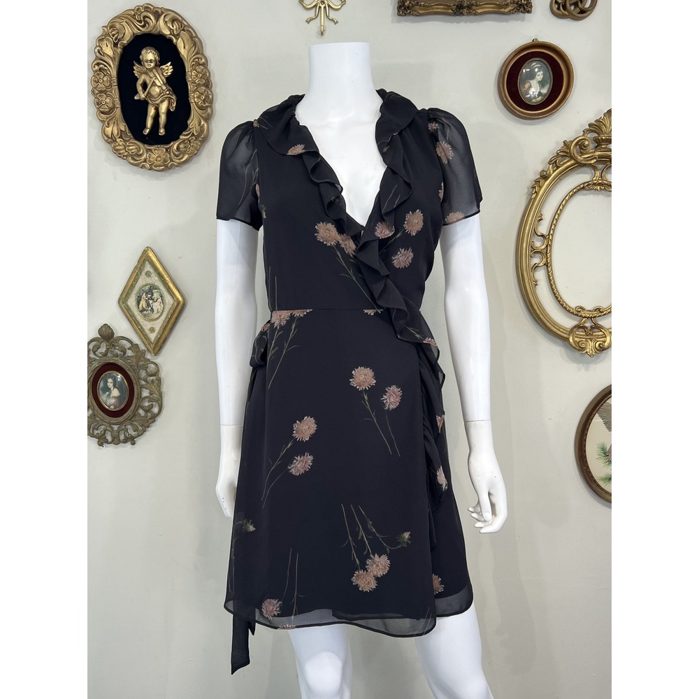 Madewell Black Floral Ruffle Wrap Mini Dress Short Flutter Sleeve XXS
